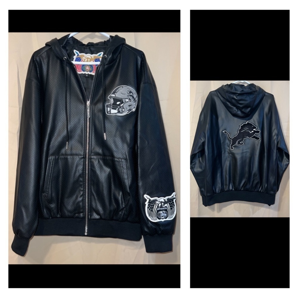 Men’s Size Medium Jeff Hamilton Black Leather Jacket - NFL Detroit Lions (0085)